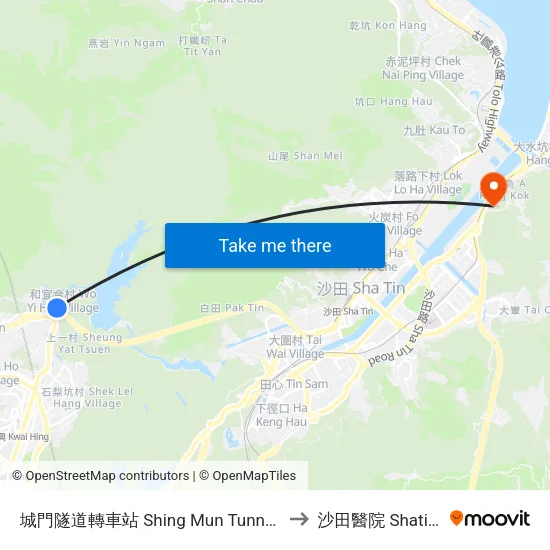 城門隧道轉車站 Shing Mun Tunnels Bus Interchange to 沙田醫院 Shatin Hospital map