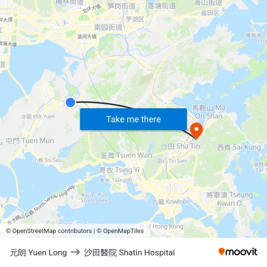 元朗 Yuen Long to 沙田醫院 Shatin Hospital map