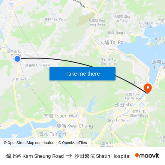 錦上路 Kam Sheung Road to 沙田醫院 Shatin Hospital map