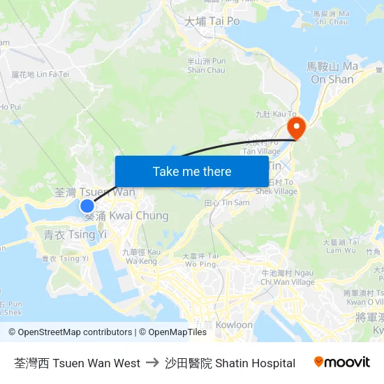 荃灣西 Tsuen Wan West to 沙田醫院 Shatin Hospital map