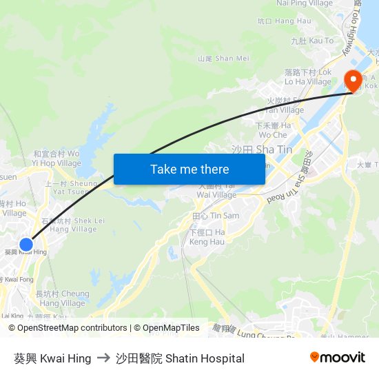 葵興 Kwai Hing to 沙田醫院 Shatin Hospital map