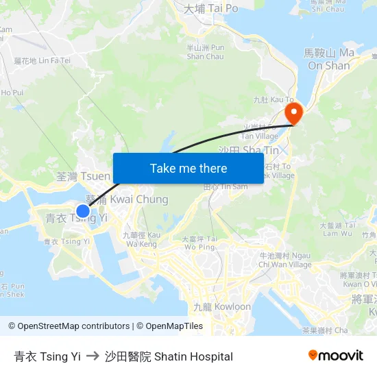 青衣 Tsing Yi to 沙田醫院 Shatin Hospital map