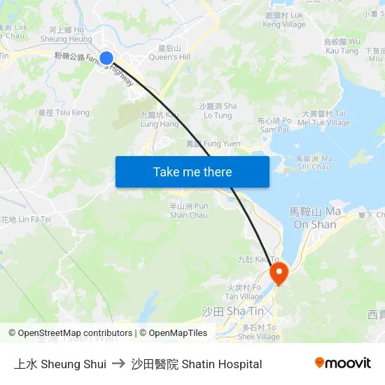 上水 Sheung Shui to 沙田醫院 Shatin Hospital map