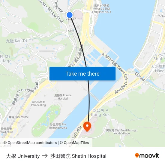 大學 University to 沙田醫院 Shatin Hospital map