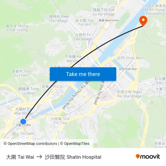 大圍 Tai Wai to 沙田醫院 Shatin Hospital map