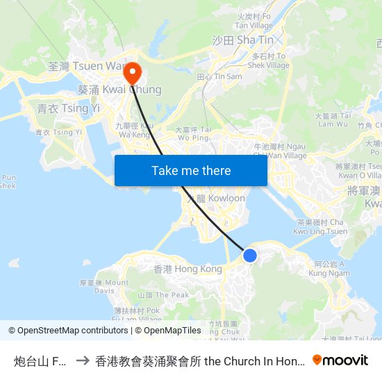 炮台山 Fortress Hill to 香港教會葵涌聚會所 the Church In Hong Kong Kwai Chung Assembly Hall map