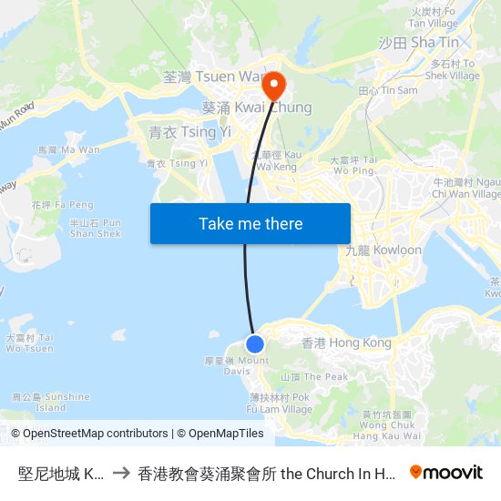 堅尼地城 Kennedy Town to 香港教會葵涌聚會所 the Church In Hong Kong Kwai Chung Assembly Hall map