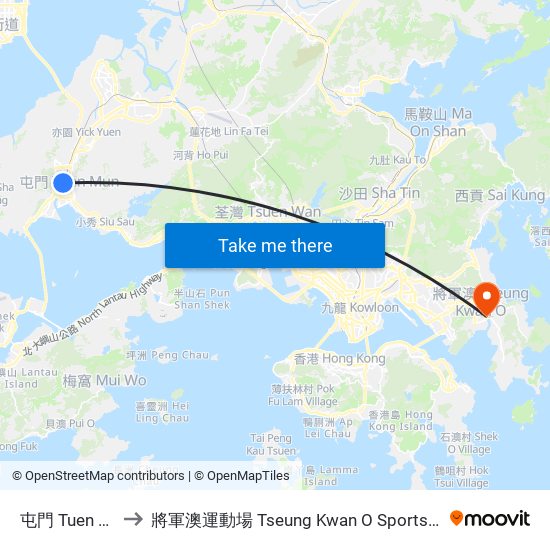屯門 Tuen Mun to 將軍澳運動場 Tseung Kwan O Sports Ground map