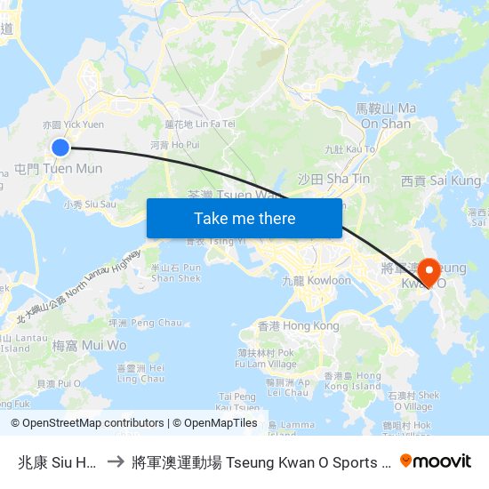 兆康 Siu Hong to 將軍澳運動場 Tseung Kwan O Sports Ground map