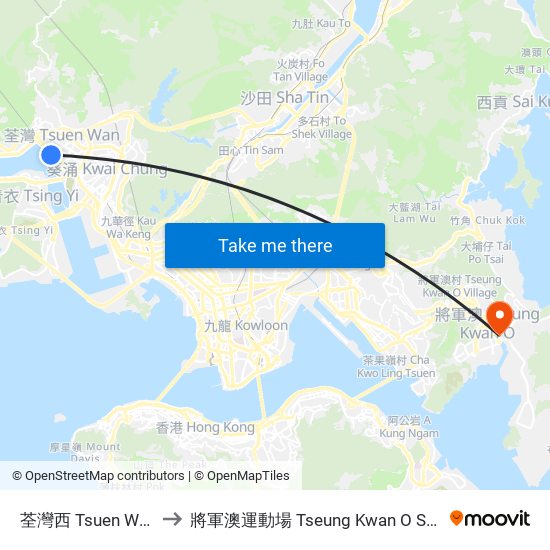 荃灣西 Tsuen Wan West to 將軍澳運動場 Tseung Kwan O Sports Ground map