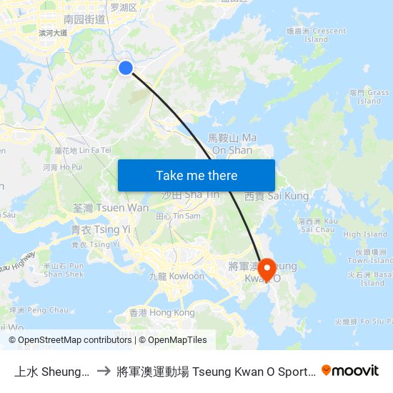 上水 Sheung Shui to 將軍澳運動場 Tseung Kwan O Sports Ground map