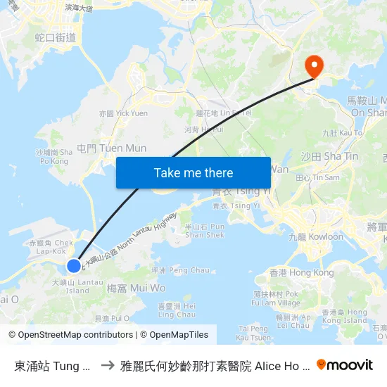 東涌站 Tung Chung Station to 雅麗氏何妙齡那打素醫院 Alice Ho Miu Ling Nethersole Hospital map