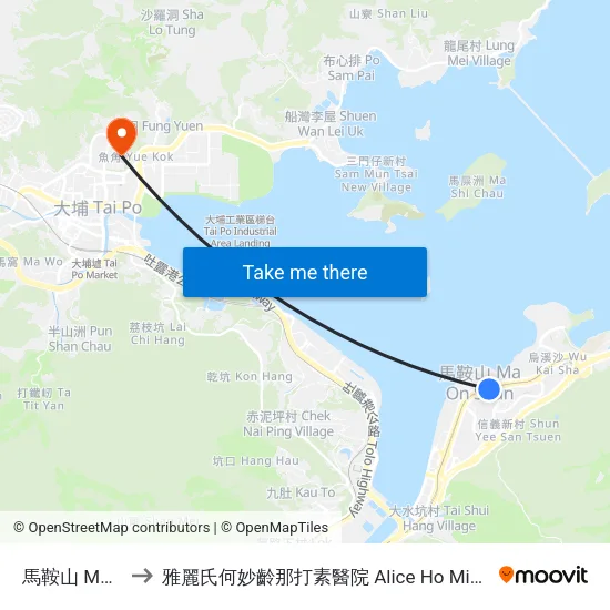 馬鞍山 MA on Shan to 雅麗氏何妙齡那打素醫院 Alice Ho Miu Ling Nethersole Hospital map