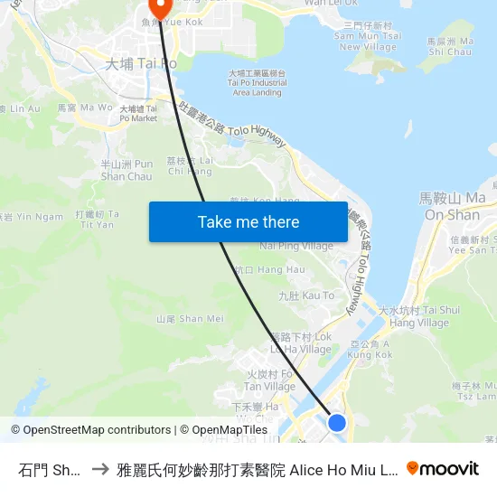石門 Shek Mun to 雅麗氏何妙齡那打素醫院 Alice Ho Miu Ling Nethersole Hospital map