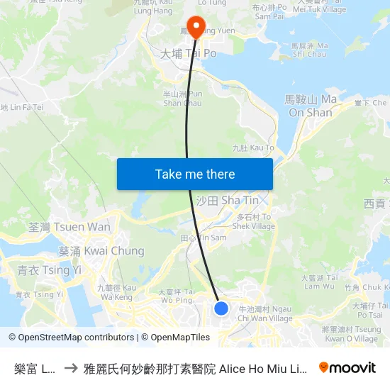 樂富 LOK Fu to 雅麗氏何妙齡那打素醫院 Alice Ho Miu Ling Nethersole Hospital map