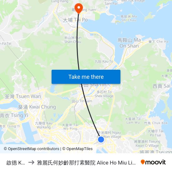 啟德 Kai Tak to 雅麗氏何妙齡那打素醫院 Alice Ho Miu Ling Nethersole Hospital map