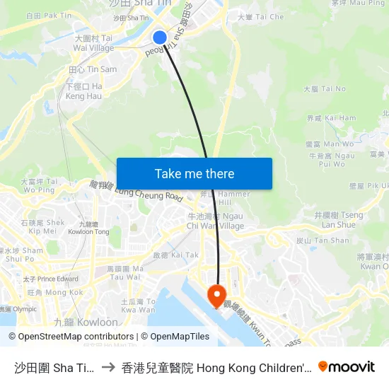 沙田圍 Sha Tin Wai to 香港兒童醫院 Hong Kong Children's Hospital map
