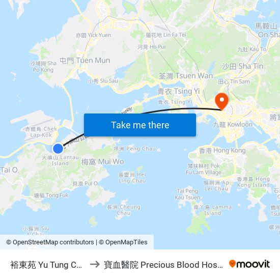 裕東苑 Yu Tung Court to 寶血醫院 Precious Blood Hospital map