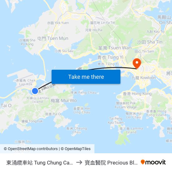 東涌纜車站 Tung Chung Cable Car Terminal to 寶血醫院 Precious Blood Hospital map