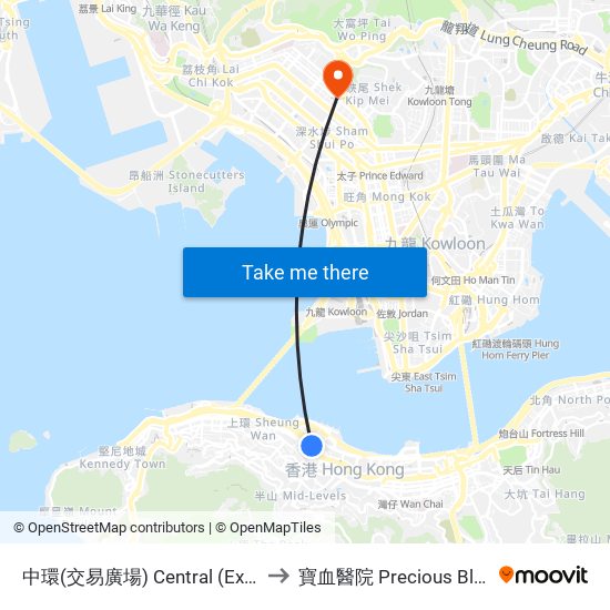 中環(交易廣場) Central (Exchange Square) to 寶血醫院 Precious Blood Hospital map
