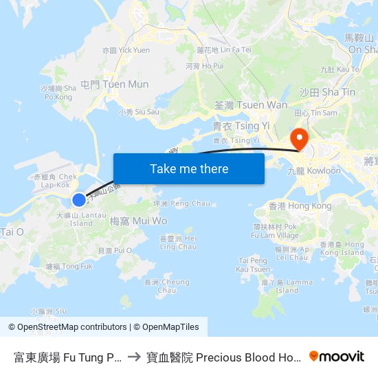 富東廣場 Fu Tung Plaza to 寶血醫院 Precious Blood Hospital map