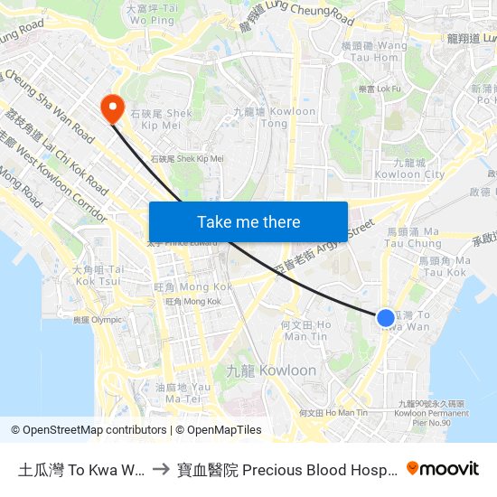 土瓜灣 To Kwa Wan to 寶血醫院 Precious Blood Hospital map