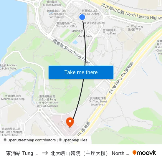 東涌站 Tung Chung Station to 北大嶼山醫院（主座大樓） North Lantau Hospital (Main Block) map