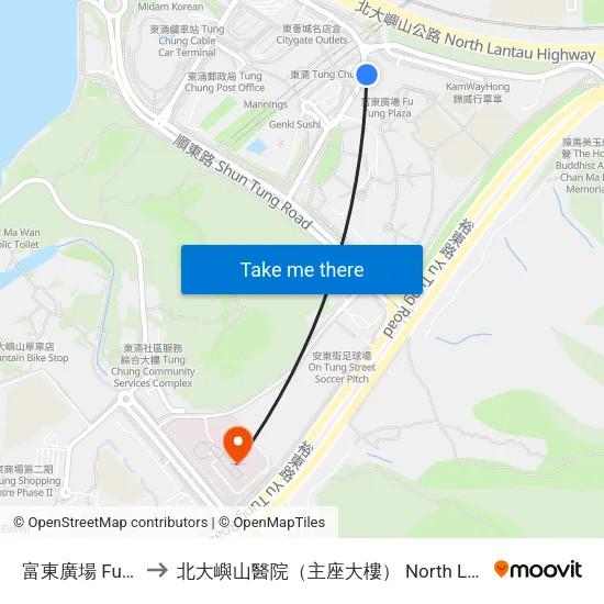 富東廣場 Fu Tung Plaza to 北大嶼山醫院（主座大樓） North Lantau Hospital (Main Block) map