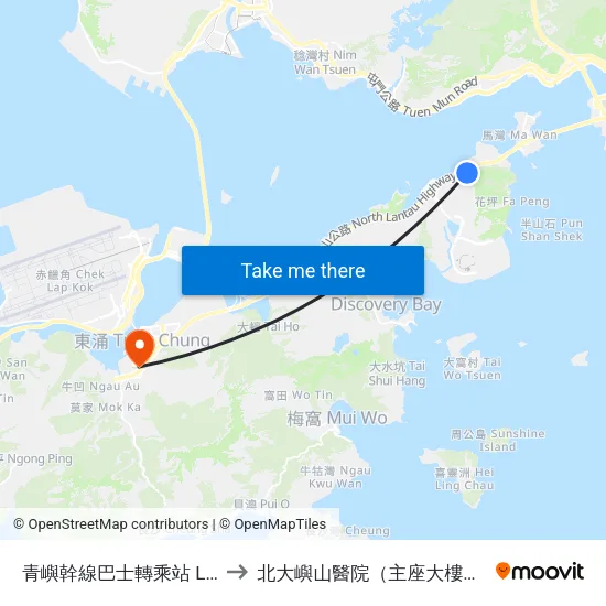 青嶼幹線巴士轉乘站 Lantau Link Bus-Bus Interchange to 北大嶼山醫院（主座大樓） North Lantau Hospital (Main Block) map