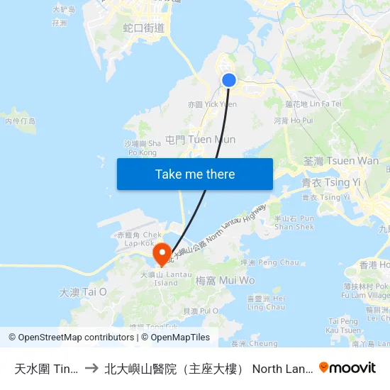 天水圍 Tin Shui Wai to 北大嶼山醫院（主座大樓） North Lantau Hospital (Main Block) map