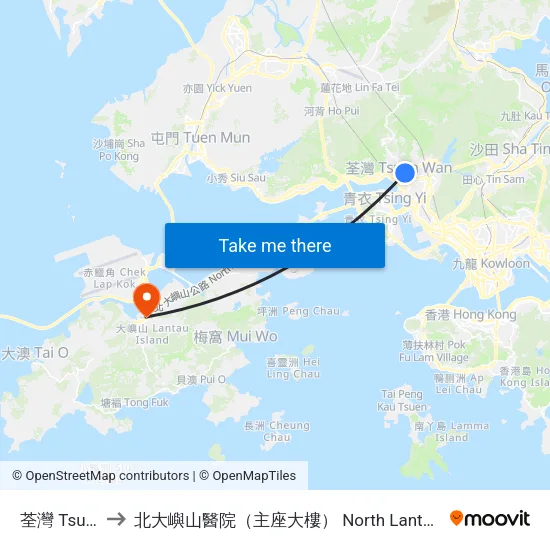 荃灣 Tsuen Wan to 北大嶼山醫院（主座大樓） North Lantau Hospital (Main Block) map