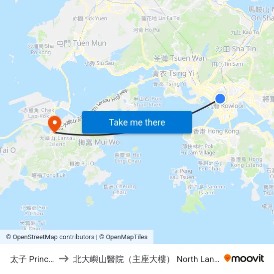太子 Prince Edward to 北大嶼山醫院（主座大樓） North Lantau Hospital (Main Block) map