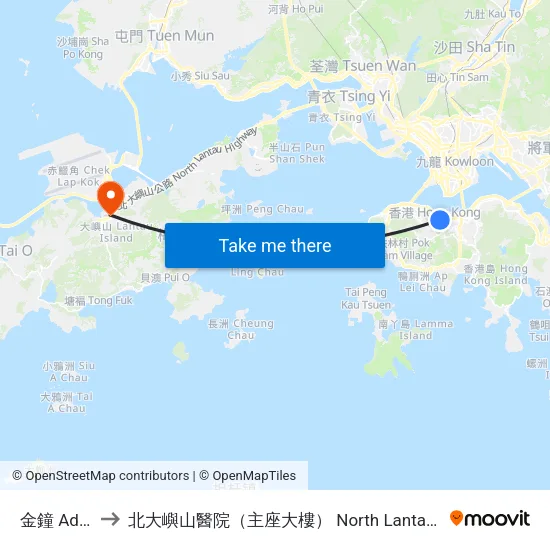 金鐘 Admiralty to 北大嶼山醫院（主座大樓） North Lantau Hospital (Main Block) map