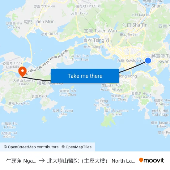 牛頭角 Ngau Tau Kok to 北大嶼山醫院（主座大樓） North Lantau Hospital (Main Block) map