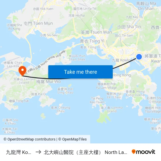 九龍灣 Kowloon Bay to 北大嶼山醫院（主座大樓） North Lantau Hospital (Main Block) map