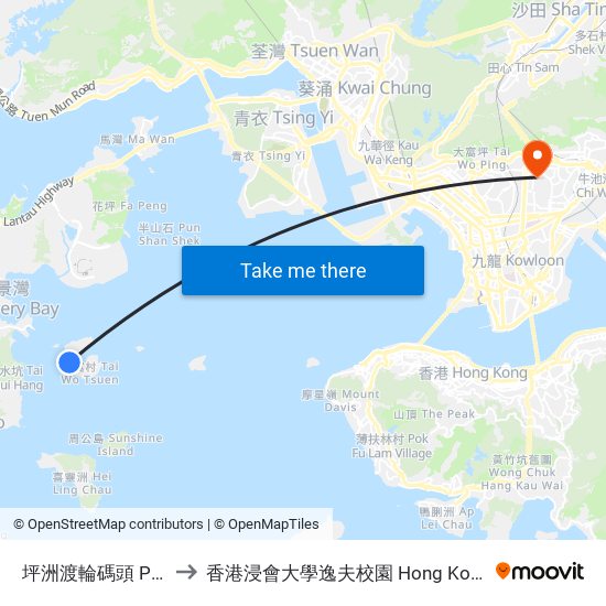 坪洲渡輪碼頭 Peng Chau Ferry Pier to 香港浸會大學逸夫校園 Hong Kong Baptist University Shaw Campus map