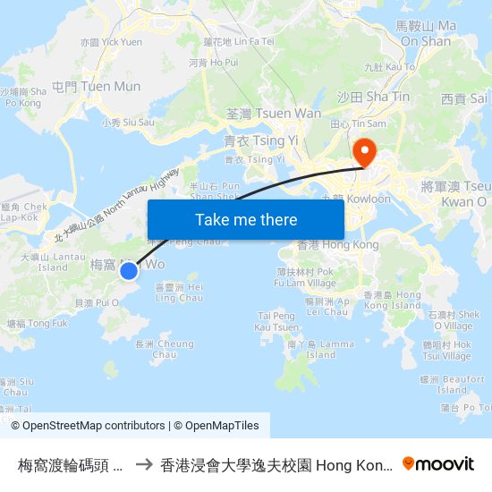 梅窩渡輪碼頭 Mui Wo Ferry Pier to 香港浸會大學逸夫校園 Hong Kong Baptist University Shaw Campus map