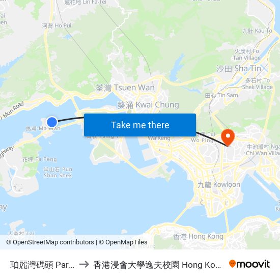 珀麗灣碼頭 Park Island Ferry Pier to 香港浸會大學逸夫校園 Hong Kong Baptist University Shaw Campus map