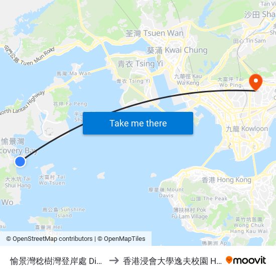 愉景灣稔樹灣登岸處 Discovery Bay Nim Shue Wan Landing Steps to 香港浸會大學逸夫校園 Hong Kong Baptist University Shaw Campus map