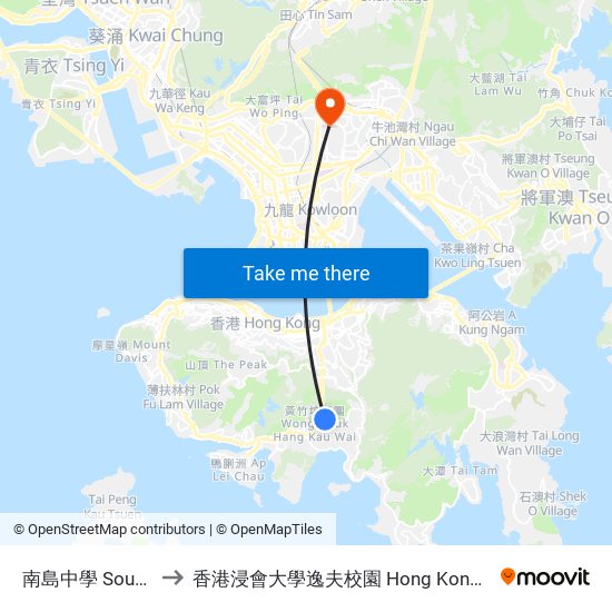 南島中學 South Island School to 香港浸會大學逸夫校園 Hong Kong Baptist University Shaw Campus map
