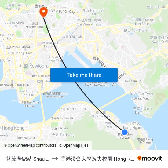 筲箕灣總站 Shau Kei Wan Bus Terminus to 香港浸會大學逸夫校園 Hong Kong Baptist University Shaw Campus map