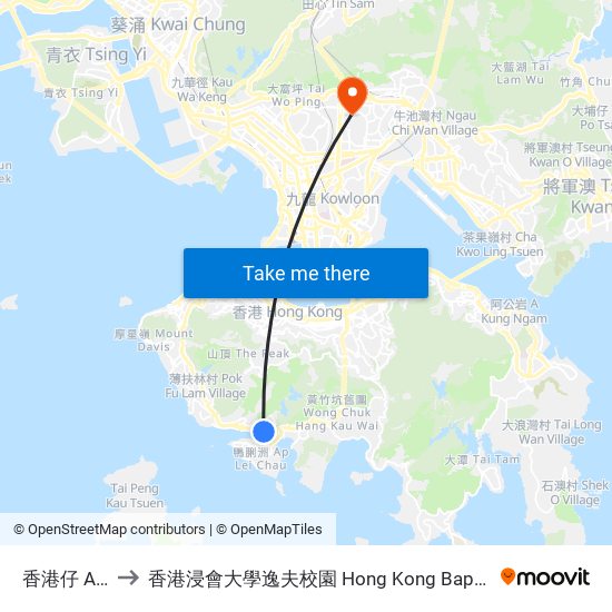 香港仔 Aberdeen to 香港浸會大學逸夫校園 Hong Kong Baptist University Shaw Campus map