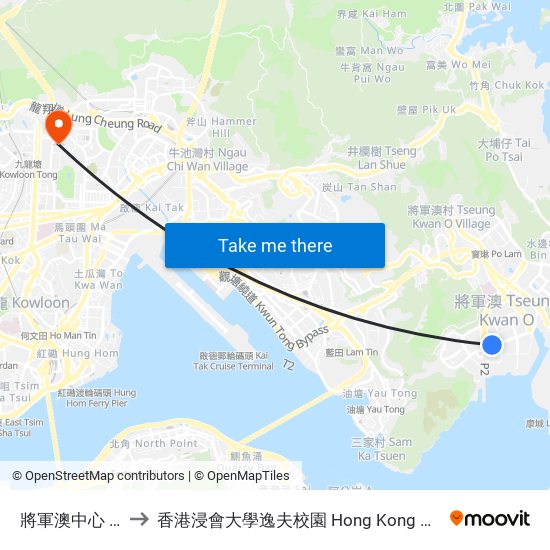 將軍澳中心 Park Central to 香港浸會大學逸夫校園 Hong Kong Baptist University Shaw Campus map