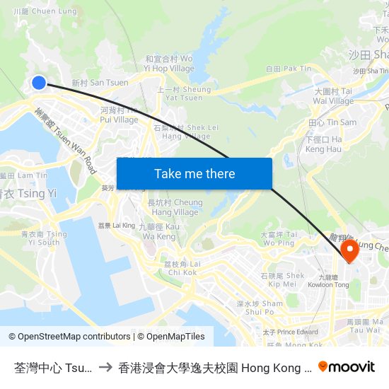 荃灣中心 Tsuen Wan Centre to 香港浸會大學逸夫校園 Hong Kong Baptist University Shaw Campus map