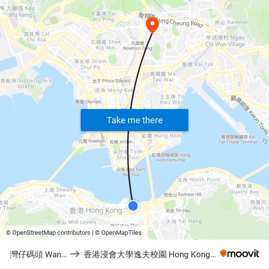 灣仔碼頭 Wan Chai Ferry Pier to 香港浸會大學逸夫校園 Hong Kong Baptist University Shaw Campus map