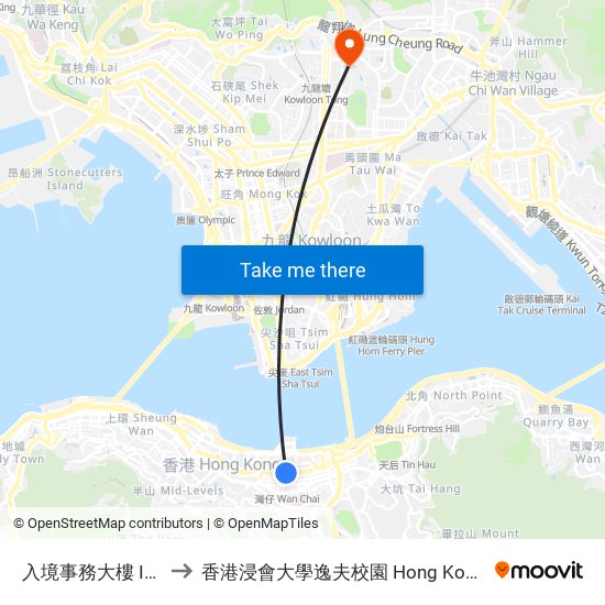 入境事務大樓 Immigration Tower to 香港浸會大學逸夫校園 Hong Kong Baptist University Shaw Campus map