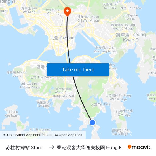 赤柱村總站 Stanley Village Bus Terminus to 香港浸會大學逸夫校園 Hong Kong Baptist University Shaw Campus map