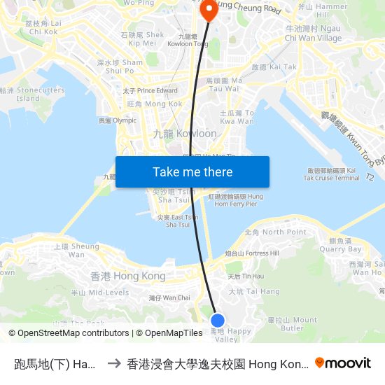 跑馬地(下) Happy Valley (Lower) to 香港浸會大學逸夫校園 Hong Kong Baptist University Shaw Campus map