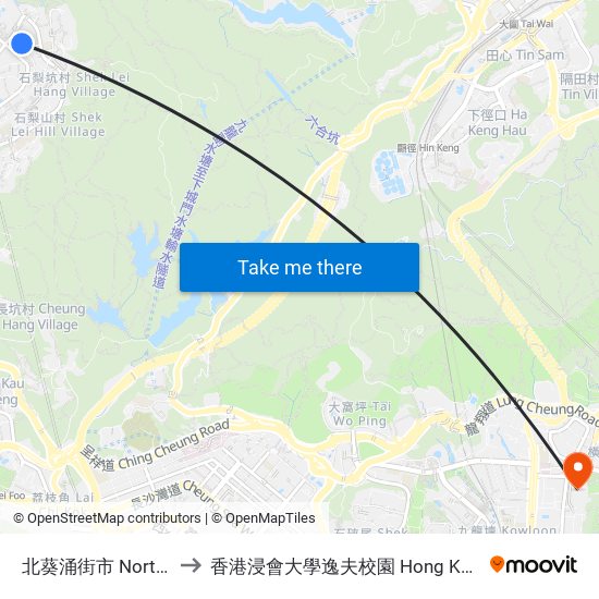北葵涌街市 North Kwai Chung Market to 香港浸會大學逸夫校園 Hong Kong Baptist University Shaw Campus map