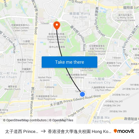 太子道西 Prince Edward Road West to 香港浸會大學逸夫校園 Hong Kong Baptist University Shaw Campus map